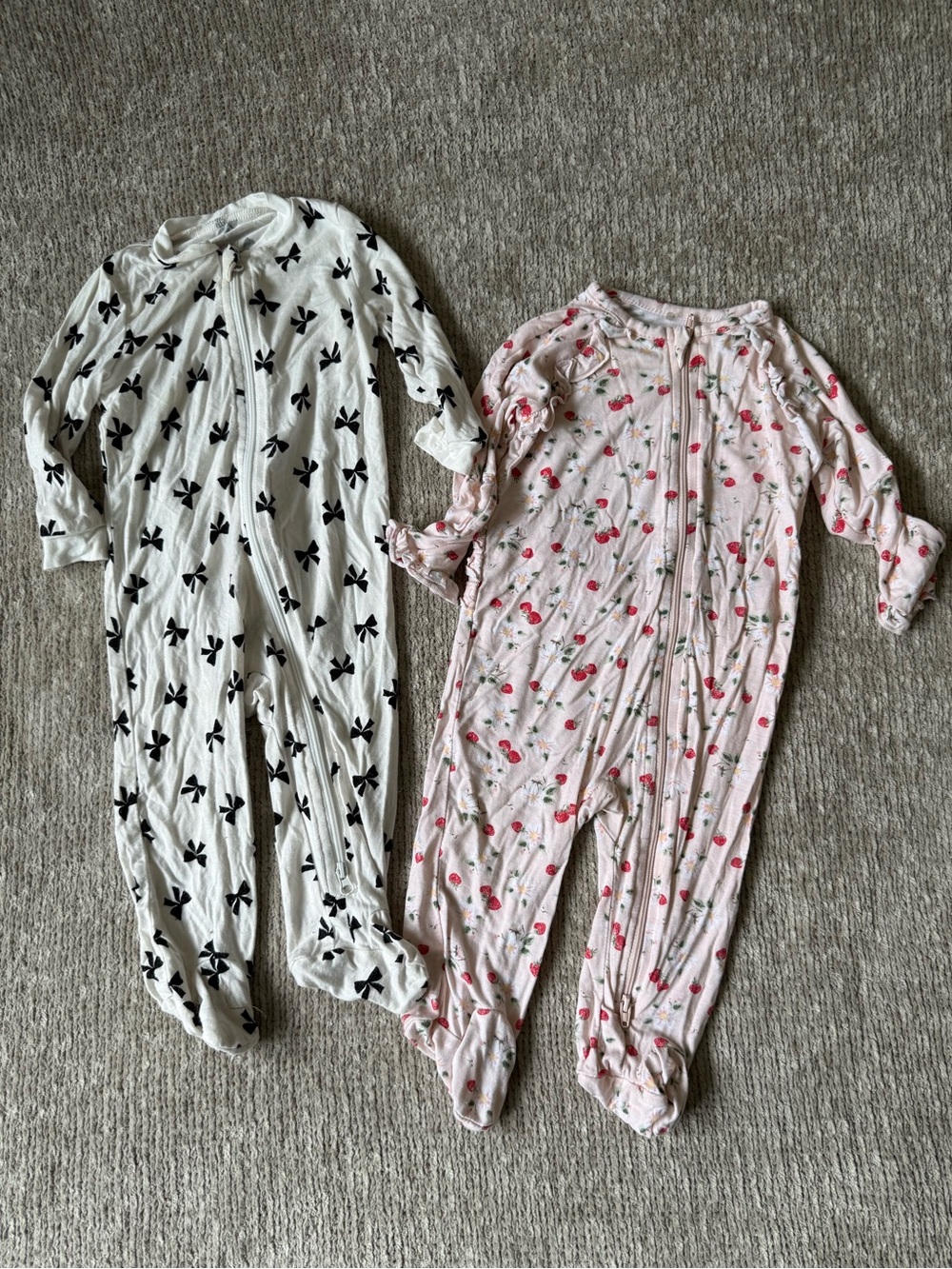 Milkberry Baby 3-6M Bamboo Zip Footie Pajamas Bows Strawberries 2 Pack